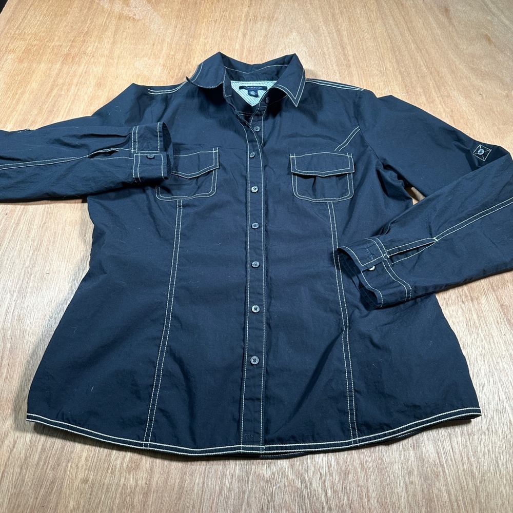 Tommy Hilfiger Button Down Shirt Mens Large Black Contrast Stitch Utility